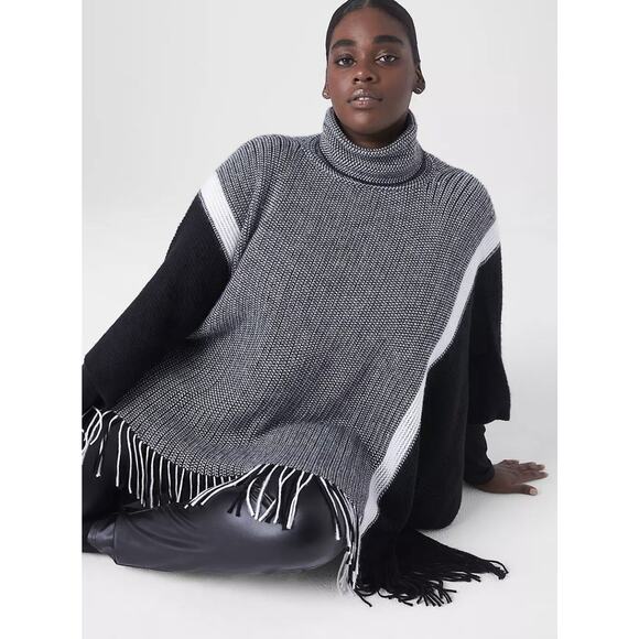 Lane Bryant Black White Fringe Knit Soft Poncho Shawl One Size Overpiece Chunky - Picture 1 of 6